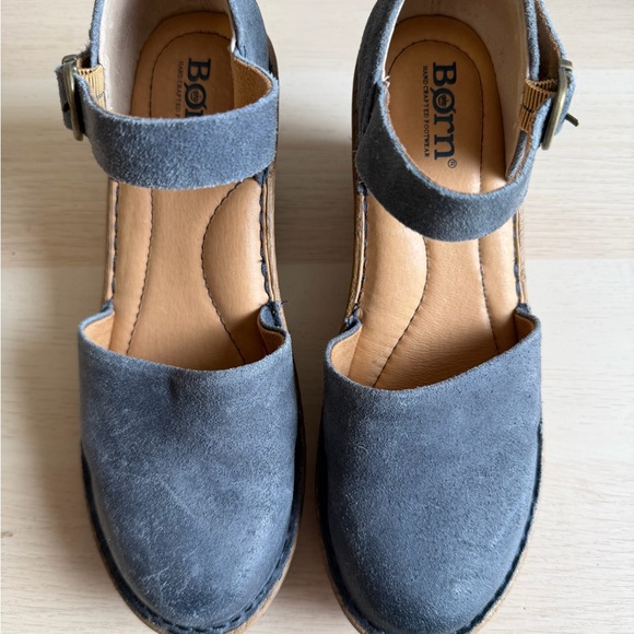 Born Brand Nellie Buckle Strap Blue Suede Wedges - Picture 3 of 6